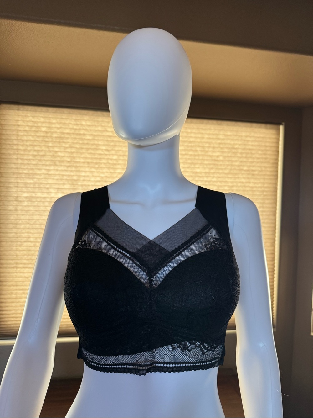 chic Black Lace Longline Bralette with Sheer Mesh Panels